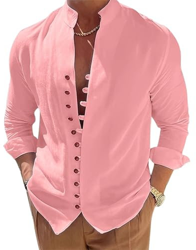 Puimentiua Camicia Lino Uomo Camicia Estiva Leggera Maniche Lunghe Uomo Camicia Henley Spiaggia con Colletto Rialzato, Rosa, S