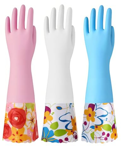 Bamllum 3 Paar Gummi-Reinigungshandschuhe, Haushalt Küche Geschirrspülhandschuhe mit Baumwolle beflocktes Innenfutter, lange Manschette 40,6 cm, wiederverwendbar, rutschfest (groß, blau + rosa + weiß)