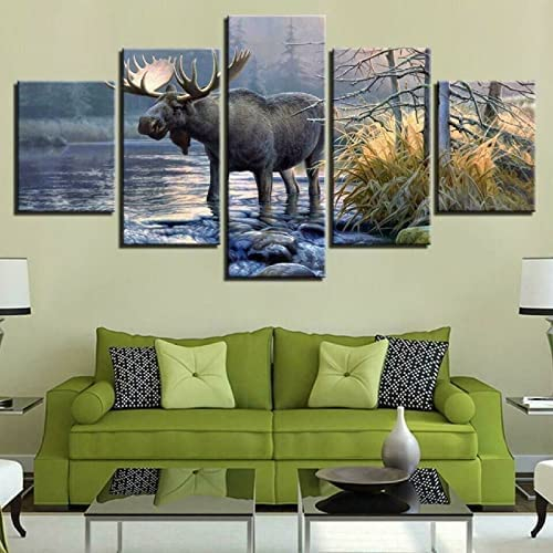 5 Teiligs Bild Leinwand Bilder, Elch Naturtier,Wandbilder Wohnzimmer Leinwandbild Modern Kunstdruck Für Schlafzimmer Wanddeko Rahmenlos 150 X 100 Cm