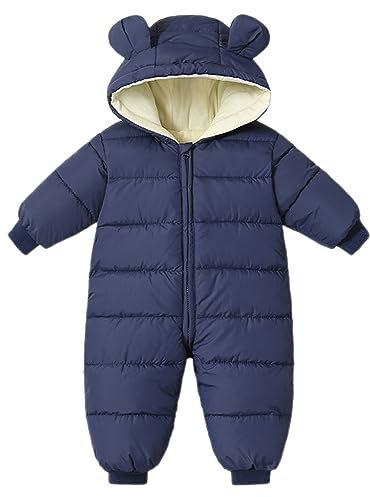 Bébé Filles Garçons Combinaison de Ski Hiver Manteau Nouveau-Né Épais Fermeture éclair Barboteuse Bébé Coupe-Vent Capuche Polaire Vêtements D'Extérieur Marine 12-18 Mois