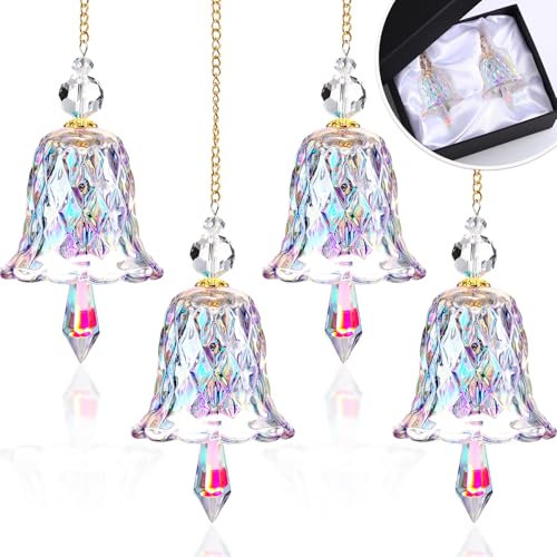 Maxcheck 4 Packs Crystal Glittering Christmas Bell Ornaments Glass Bell Hanging for Christmas Tree Window Room Party Decoration(Colorful)