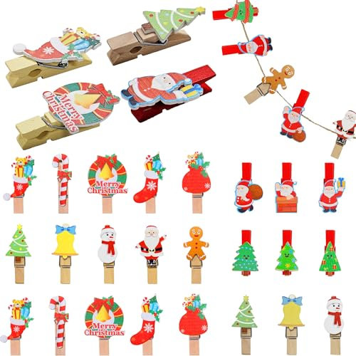 30Pcs Christmas Card Holder, Christmas Wooden Clips Mini Craft Clips with Jute Twine for Christmas Decorations Photo Ornaments Hanging Christmas Tree Wall Decoration