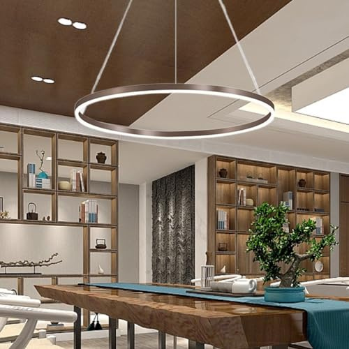 Pendelleuchte Moderne LED Esstisch Kronleuchter Wohnzimmer Dimmbar mit Fernbedienung Kreativ Pendellampe Rund Ringe Hängeleuchte Metall Acryl Hängelampe Esszimmer Lampe Wohnzimmer Leuchte(Color:Braun,