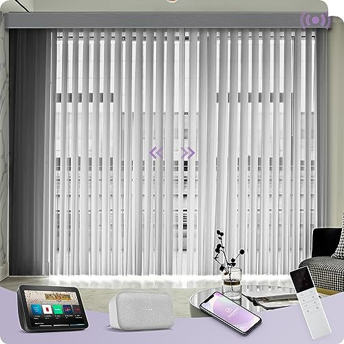 Bespoke Motorized Privacy Sheer Vertical Blinds by Graywind - 70% Dimout & Sheer Spliced Pattern Fabric, Designer Electric Track & Slats Set for Sliding Door Window, Smart Control, Dark Grey
