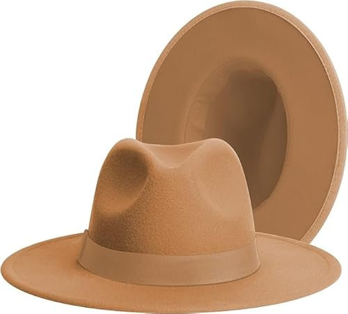 Fedora-Hüte mit breiter Krempe für Damen und Herren, klassisches Kleid, Panamahut, verstellbarer Filzhut mit Band, Alle Camel, Medium