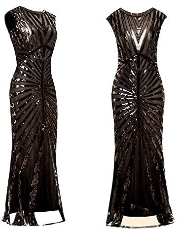 1920er Kleider Damen mit 20er Jahre Accessoires, Charleston Kleid Perfektes Faschingskostüm, Fransen Kleid V-Ausschnitt Pailletten Perlen Fransen Kleid, Damen Abendkleider Elegant Glitzer Partykleid