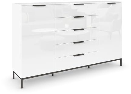 Rauch Möbel Flipp, Kommode mit Stauraum für Wohnzimmer, Schlafzimmer, 4 Fachböden, mit Metallkufe graphit, Alpinweiß/Glasfront Weiß, 2-türig,Glastüren, 5 Schubkästen, Griffe graphit, 180x111x42cm