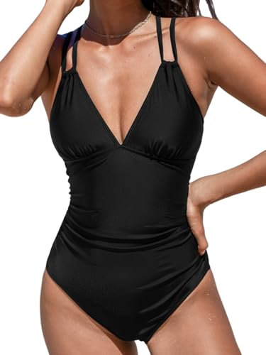 CUPSHE, Costume da bagno intero da donna, con scollo a V, controllo della pancia, doppie cinghie regolabili, con cout-out sul retro e anello O-ring, Nero, M