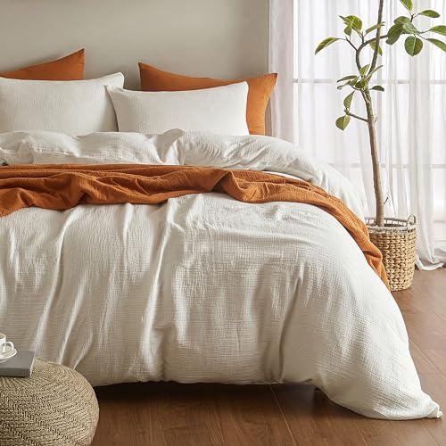 SE SOFTEXLY Muslin Duvet Cover King Size, 100% Washed Cotton Duvet Cover Set, Ultra Soft Comforter Cover Linen Like, 3 Pieces Minimalist Gauze Duvet Cover with 2 Pillowcases, 90x104, White
