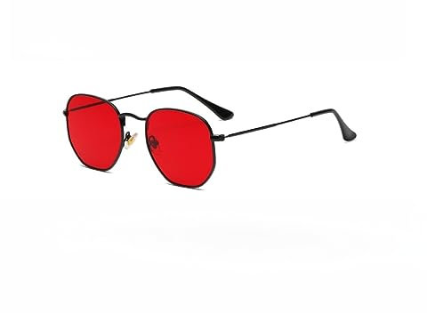 WDZAYXC Klassische polygonale geprägte Design Sonnenbrille mit Metallrahmen für Herren und Damen, UV-Schutz(Schwarz/Rot)