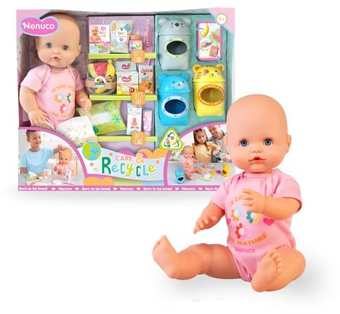 Nenuco - Cuida y Recicla, Muñeco Bebé de 42 cm y Cuerpo Duro y Body Rosa, Accesorios para Dar de Comer, Cambiar Pañal y Curar Heridas, Incluye 3 Contenedores de Reciclaje, +3 Años, Famosa (NFN98000)