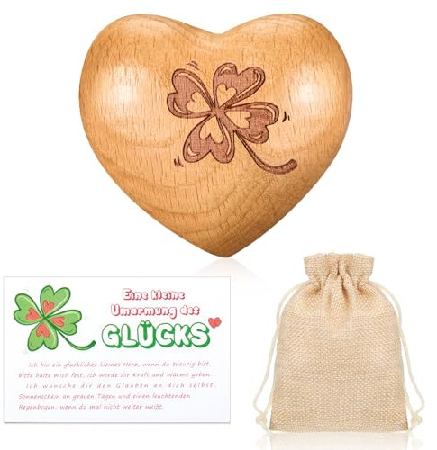 Otuuz Holz Herz Handschmeichler Vierblättriges Kleeblatt Isolation Geschenk Holz Glücksbringer Geschenke Säckchen mit Kordelzug für Freunde Familie Liebhaber Paar (Kleeblatt)