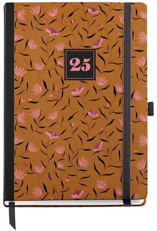 Miquelrius - Kalender 2025, Jahresplaner, 155 x 213 mm, Wochenansicht, Umschlag aus laminiertem Karton, Spiralbindung, Gummibandverschluss, Papier 80 g/m², Spanisch, Englisch und Portugiesisch, Herbst
