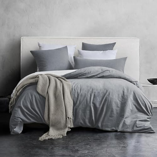 SOULFUL Housse de Couette 220x240 Coton, Gris Ensembles de Housse de Couette avec Fermeture Éclair, 100% Coton Lavé, Texture Lin, Parure de Lit 220x240 Coton avec 2 Taie d'oreiller 65x65 cm