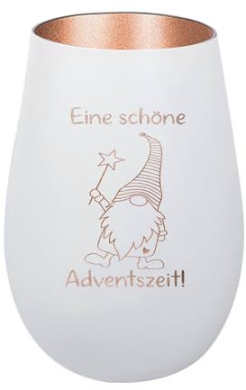 Der-Porzellan-Laden Windlicht mit Gravur Schöne Adventszeit, Weiß Bronze, Teelichthalter Weihnachten aus Glas, Weihnachtsdeko Tischdeko
