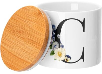 Vorratsglas aus Keramik mit Deckel aus Bambus – Chloé Clara Clémence Charlotte Buchstabe Alphabet Vorname Blumen – 473 ml – Glas