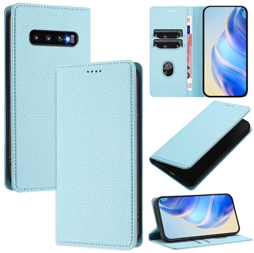 DENDICO Handyhülle für Samsung Galaxy S10 Hülle, PU Leder Klapphülle mit RFID-Blockierung, Stoßfeste Magnetische Schutzhülle für Samsung S10, Blau