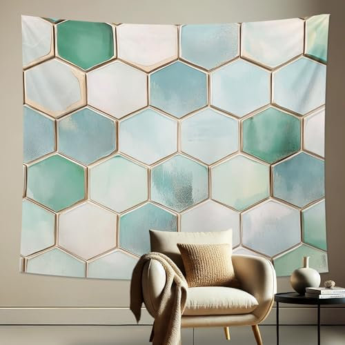 Arazzo con piastrelle esagonali color verde acqua, motivo geometrico decorativo da parete, estetica moderna per soggiorno, camera da letto, dormitorio, 152 x 101 cm