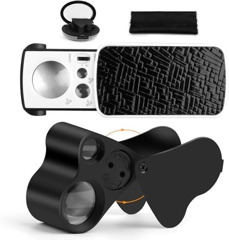 TNOMSNO Juwelierlupe mit Licht, 2 Stücke Juwelier Lupe mit Licht 30X 60X 90X Taschenlupe mit Brillenputztuch, LED Leselupen für Schmuck,Edelsteine, Münzen