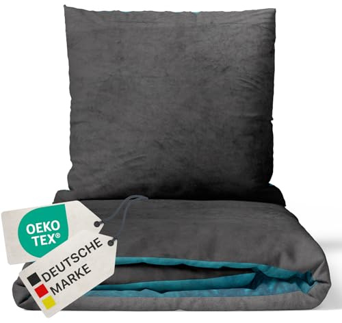 NYVI Winter Bettwäsche Set DreamScience Cashmere Touch 135x200 + 80x80 cm Anthrazit Petrol - Kuschelweich & Wärmend - Mit Reißverschluss, Oeko-TEX Zertifiziert, für Allergiker geeignet