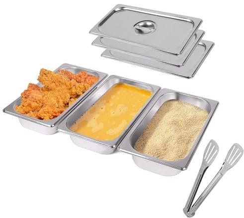 EXLECO 3-teilig Panierschalen Set 32,5 x 17,5 x 6,5 cm GN Behälter 1/3 Edelstahl mit Deckel Rechteckig Metall-Panierstraße Gastro Behälter für Schnitzel Fleisch Fisch