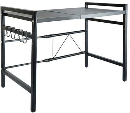 Coopers of Stortford - Expandable Microwave Shelf - Adjustable Kitchen Rack - Sturdy Carbon Steel Frame - 55lb Capacity - Non-Slip Feet & Utensil Hooks