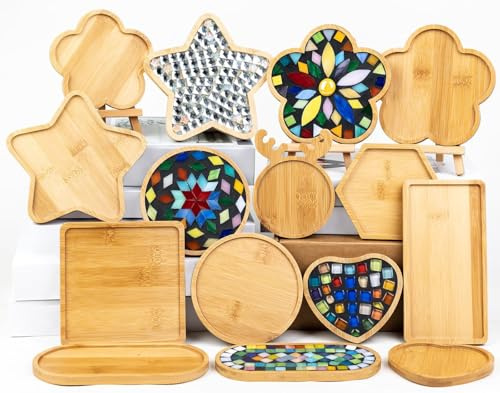 CHICSHIS 10PCS Wooden Assorted Shapes Mosaic Bases for DIY Mosaic Coaster Kit, with Wooden Surface for Handcrafted Glass Mosaic Tiles Crafts for Adults