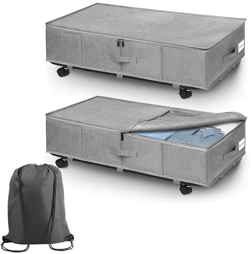 2 Pack Under Bed Storage Box with Lid, Wheels & Bag, 60L Foldable Clothes Boxes, Storage bags with zips, Rolling Underbed Storage for Shoes, Blankets & More