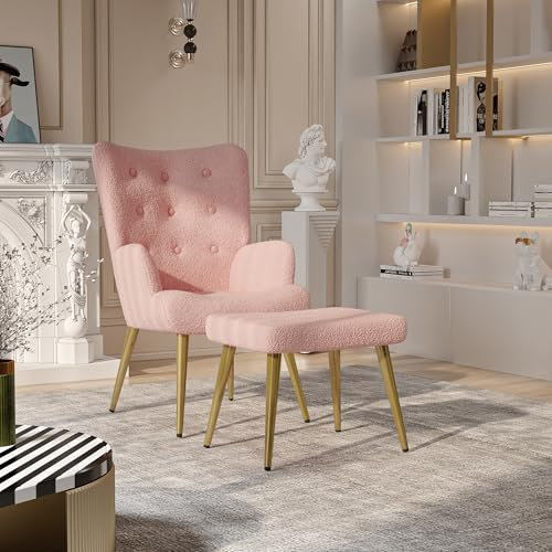 KeepGoon Fauteuil de Chambre à Coucher, Fauteuil scandinave avec Repose-Pieds, Chaise de Salon Confortable en Tissu Peluche avec Pieds en métal doré, Fauteuil de Salon (Rose)