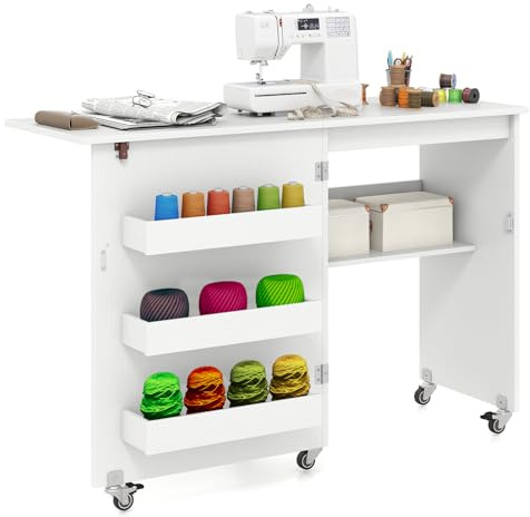 COSTWAY 2 en 1 Mesa Maquina de Coser Plegable, 116x40.5x78cm, Mueble Maquina Coser con 3 Compartimientos Ocultos y Estante, Escritorio Móvil con 5 Ruedas Bloqueables, Ahorro de Espacio (Blanco)
