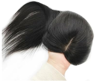 45 cm Hair Toppers for Women Real Human Hair Natural Black Color for Women 130 Density Silk Base Middle Part Clip in Pieces Straight Hair for Thin Hair Daily Use Fügt Haarvolumen hinzu(12x14cm)