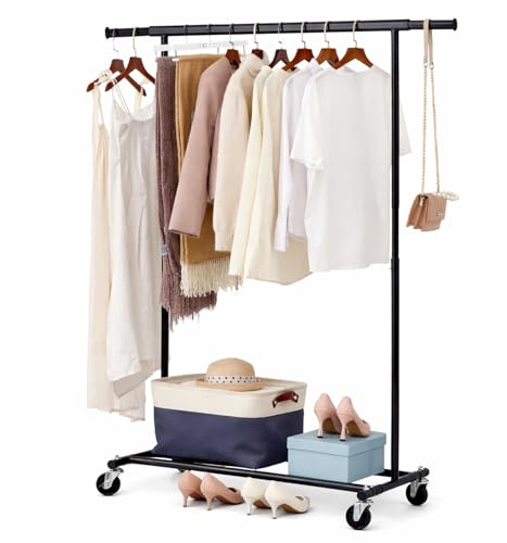 House Of Home Heavy Duty Clothes Rail with Shelf on Wheels – Adjustable Width & Height, Garment Rack, 80kg Capacity, Lockable Castors (Black)