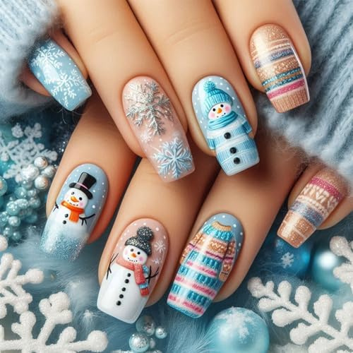 24 Stück Falsche Nägel Weihnachten, Blau Long Quadrat Schneemann Schneeflocken Design Künstliche Nägel Zum Aufkleben, Vollabdeckung Weihnachtsnägel für Frauen Mädchen(Blau Schneemann)
