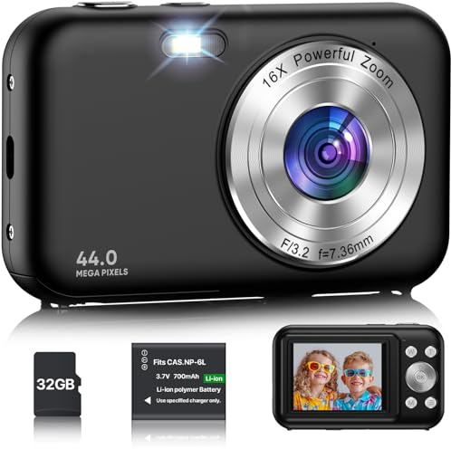 Appareil Photo Numérique avec Carte 32Go, 1080P 44MP Appareils Photo Compact avec 16X Digital Zoom et Batterie, Rechargeables Caméra pour Enfant,Adolescent, Adulte, Débutant(Noir)