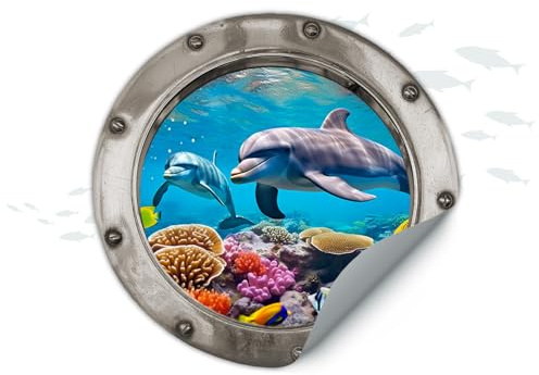 Finest Folia 3D Wandtattoo Bullauge Wandsticker Unterwasserwelt Deko Aufkleber für Badezimmer Dusche Toilette Kinderzimmer Wandaufkleber selbstklebend W013 (06 Delfine Silber, 30cm)