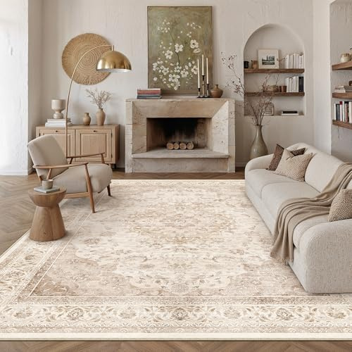 PureCozy Beige Teppich Wohnzimmer 200x300cm Vintage Waschbarer Tepich | Rutschfest Kurzflor,Weich Teppiche,Wohnzimmerteppich,Schlafzimmer,Esszimmer,Büro,Kinderzimmer