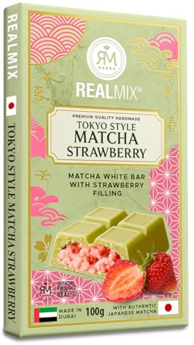 REALMIX Chocolat de Dubaï, Tokyo Style Chocolat Au Matcha Et Fraises, 100g | Tablette De Chocolat Richesse Du Matcha Japonais Authentique et La Douceur Des Fraises Mûries Au Soleil, Fabriquée Aux U.A.E.