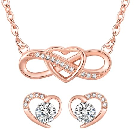 LYL.Adorer Parure de bijoux pour femme : Collier, Bracelet & Boucles d‘Oreilles Cœur Infini,Plaqué Or Blanc ou Rose, Cadeau Parfait pour Noël, Saint-Valentin & Fête des Mères
