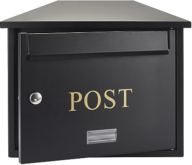 Safes uk Letter Catcher Large Letterbox Black High Security Metal Wall Mounted Post Box For Outside Use Weatherproof and Waterproof for Home A4 Larger Letters Includes All Fixings