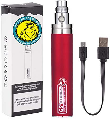 WOLFTEETH Genuine GS EGO II Prime 2200mAh Rechargeable Battery Bottom Micro USB Charge 510 Ego Charge, 510 E-Shisha E-Cigarette (0ml Nicotine Free/Red 121505)