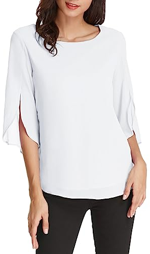 GRACE KARIN Blusa Donna Scollo Tondo Maniche 3/4 in Chiffon Camicetta Bluse Basic Estivo Causal Allentato Top Bianco 2XL CLAF15-17