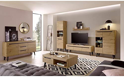 Lomadox Wohnzimmer Wohnwand Komplett Set in Eiche Artisan mit Schwarz, skandinavisches Design inkl. Beleuchtung, 4-TLG Anbauwand, Sideboard, Couchtisch