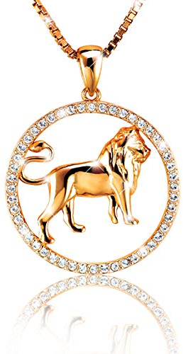 PAVELS Élégant collier pour femme avec pendentif signe du zodiaque Lion plaqué or rose et cristaux brillants de la collection Shine avec une élégante boîte à bijoux