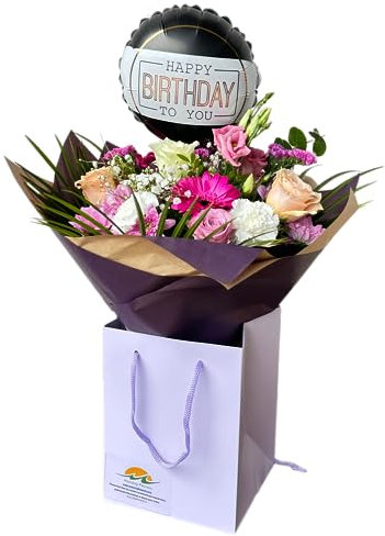 Birthday Bouquet Fresh Flowers Birthday Balloon -Pink Roses, Carnations, Purple Gerbera and Lisianthus Arrangement
