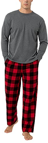 LAPASA Herren Pyjama-Set Relaxed Fit Schlafanzugset, Flanell Hose & Baumwolle Top M79, Dunkelgrau + schwarzes/rotes Karomuster, M