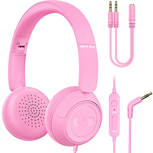 New bee Kinder Kopfhörer Kabel Kinderkopfhörer mit Mikrofon zum Lernen für Jungen und Mädchen Headset Kinder mit Lautstärkebegrenzer 85dB 94dB für Phone Pad PC Laptop Tablet(Rosa)