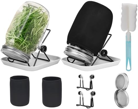 Hisredsun 1000 ml keimgläser-Set, 2 Einmachgläser mit breiter Öffnung und 304 Edelstahl-Siebkeimdeckel, 86 mm Kaliber, mit Tablett, Ständer, Schattiertuchbeutel und Dosenbürste
