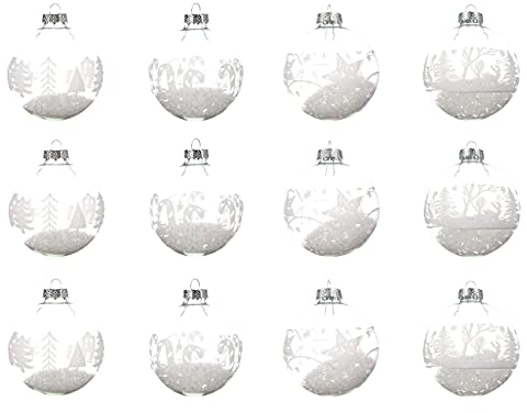Decoris Weihnachtskugeln mit Motiven Glas 8cm x 12 Stück gefüllt Glitzer Christbaumkugeln klar weiß