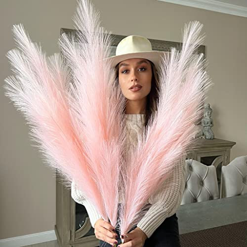 VOULUX Extra Large Tall Light Baby Pink Fake Faux Artificial Pampas Grass Large Fluffy x3 115cm Stems x18 Decorative Artificial Flora Feathers For Floor Vases Tall Plant Flowers Long Pampas Grass