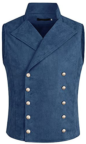 Allthemen Herren Weste mit Stehkragen Anzugweste Zweireihig Westen Gothic Vintage Vest Steampunk Hochzeit Party Blau M